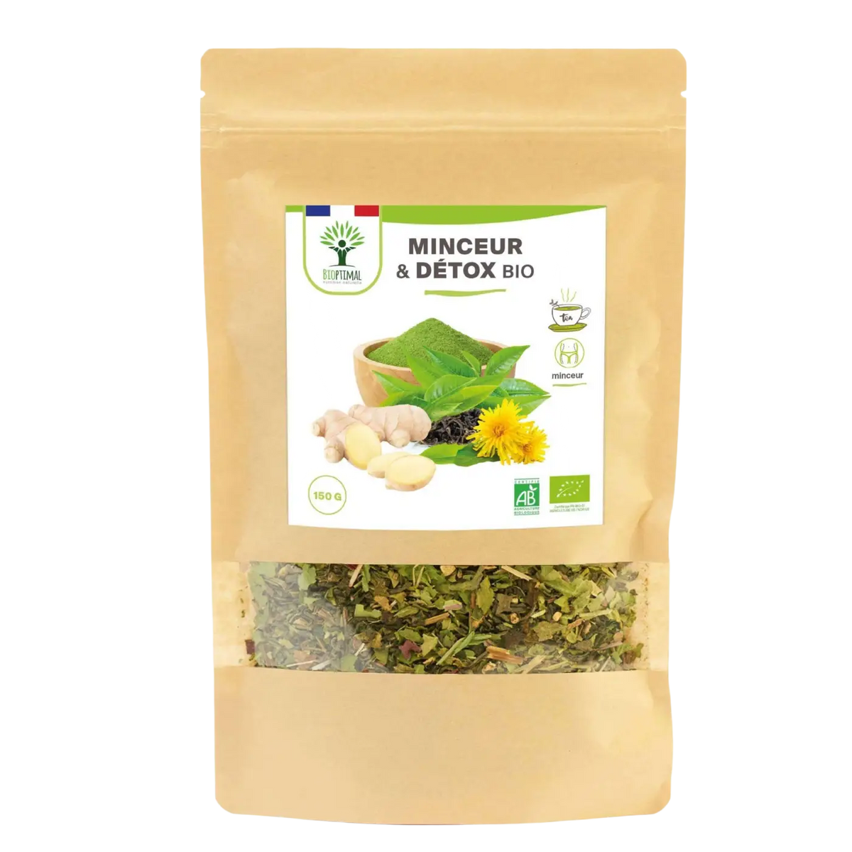 Bio Detox Kräutertee mit Grüntee, Mate, Ingwer, Brennnessel und Löwenzahn, ideal für Entgiftung und Abnehmen, von Bioptimal
