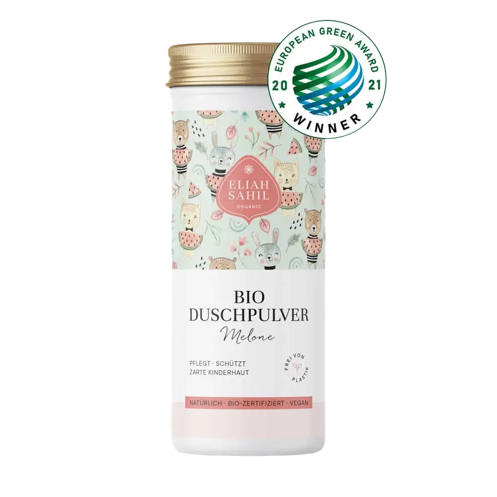 Bio Duschpulver Kinder Melone von Eliah Sahil in zylindrischem Behälter, ideal für Haare, 90 g, frischer Melonenduft