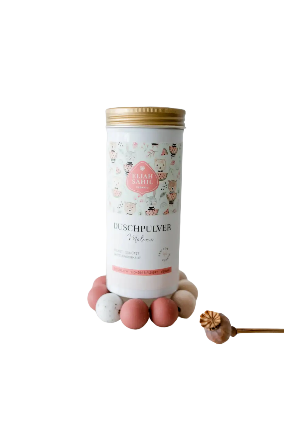 Zylindrisches weißes Bio Duschpulver für Kinder Melone von Eliah Sahil, ideal für Haare, 90 g Verpackung