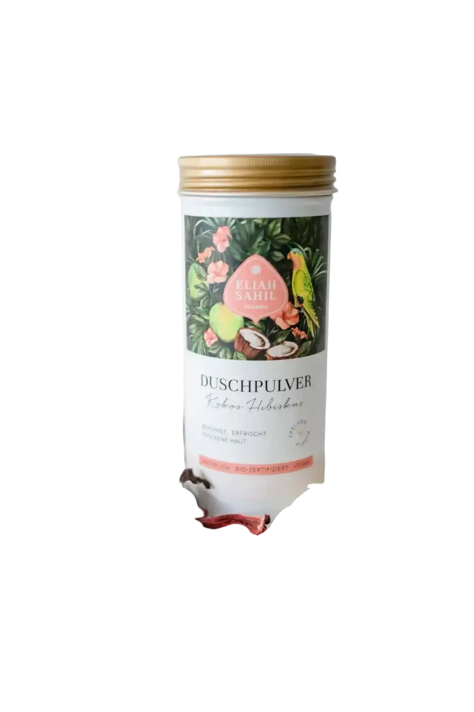 Ein weißer zylinderförmiger bio duschpulver behälter mit goldfarbenem deckel und tropischem kokos hibiskus label von eliah sahil austria bio