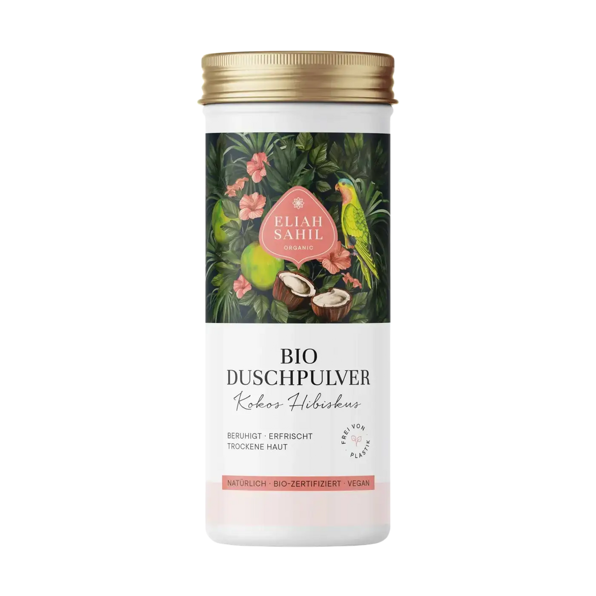 Weißes zylindrisches eliah sahil duschpulver mit goldenem deckel und kokos hibiskus bio label austria bio