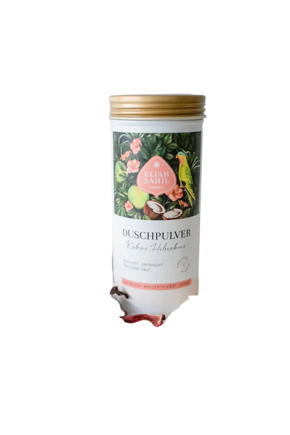 Bio Duschpulver Kokos Hibiskus für Haare in weißem Zylinderbehälter, von Eliah Sahil Organic Care GmbH