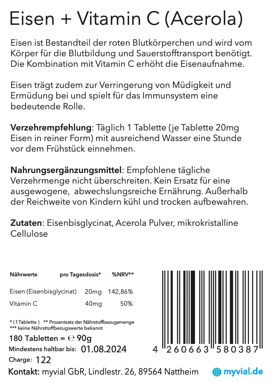 Vegan Bio-Eisen und Vitamin C Tabletten von myvial, 180 Presslinge in einer Packung, Nahrungsergänzungsmittel.