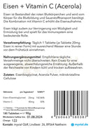 Bio eisen + vitamin c tabletten vegan in weißer packung mit 180 stück ferrous bisglycinate und acerola pulver zur besseren eisenaufnahme