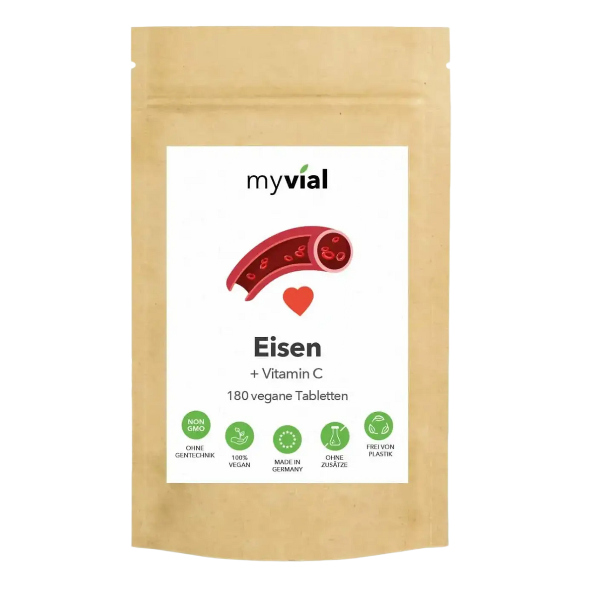 Veganer Bio Eisen + Vitamin C Tabletten Presslinge von myvial, 180 Stück, Nahrungsergänzung in Tablettenform, natürliche Inhaltsstoffe