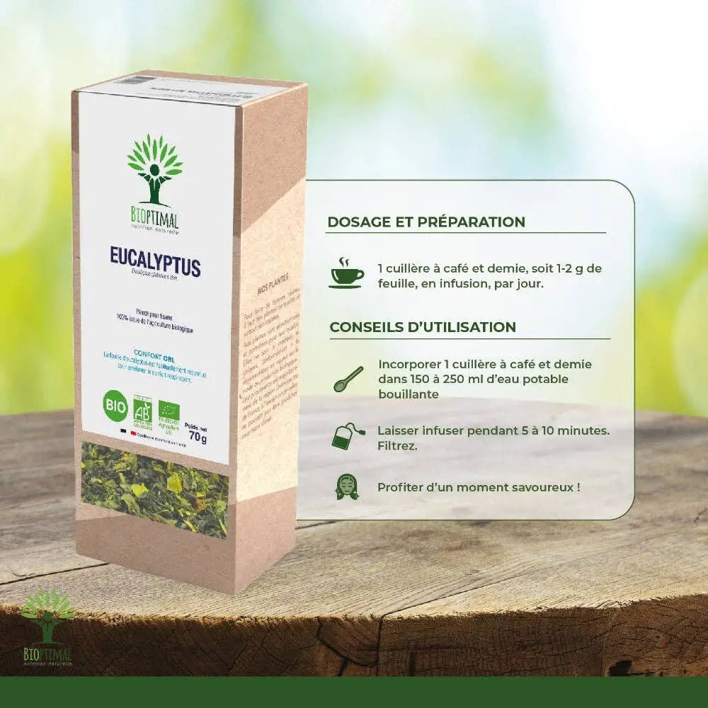 Bio-Eukalyptus-Tee von Bioptimal in rechteckiger Pappschachtel, frischer Eukalyptus-Tee für wohltuenden Geschmack.