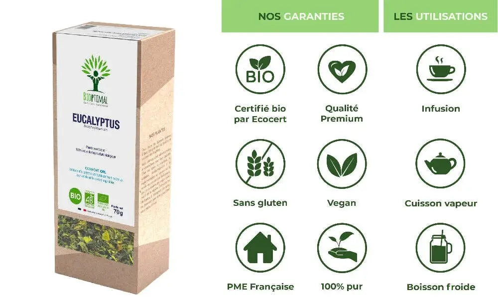 Bio-Eukalyptus-Tee in rechteckiger Pappschachtel, Naturprodukt von Bioptimal, mit frischem Eukalyptus für wohltuenden Geschmack