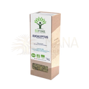 Ein rechteckiger karton bioptimal bio eucalyptus tisanes mit weißem etikett und fenster zeigt aromatischen tee aus mana shop