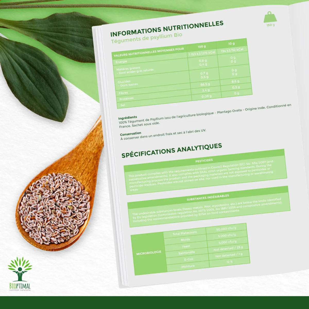 Bio-Flohsamenschalen von Bioptimal, ballaststoffreiches Lebensmittel für gesunde Verdauung, Cholesterin und Darmbalance.