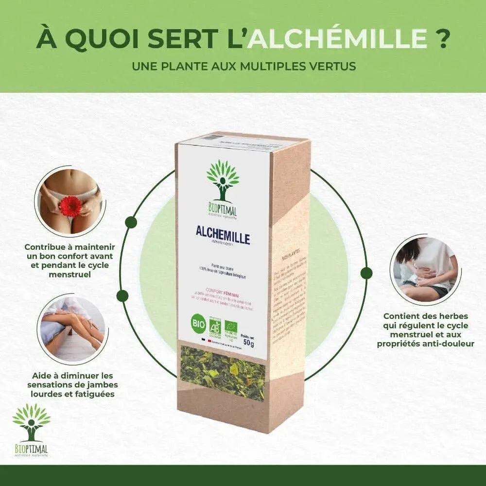 Bio Frauenmantel Tee von Bioptimal, natürlicher Kräutertee für den weiblichen Zyklus und leichte Beine, 50 g.