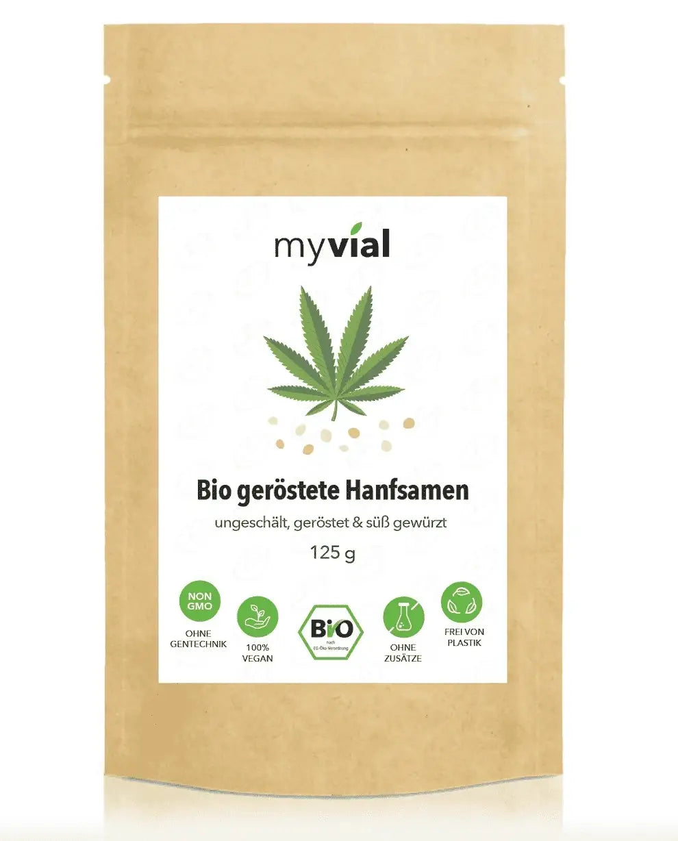 Bio Geröstete Hanfsamen von myvial, ungeschält, vegan, 125 Gramm, nährstoffreiche Nahrungsergänzung in einer offenen Verpackung