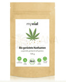 Myvial bio geröstete hanfsamen 125 gramm in braunem papierbeutel ungeschält vegan mit essentiellen aminosäuren für sportler
