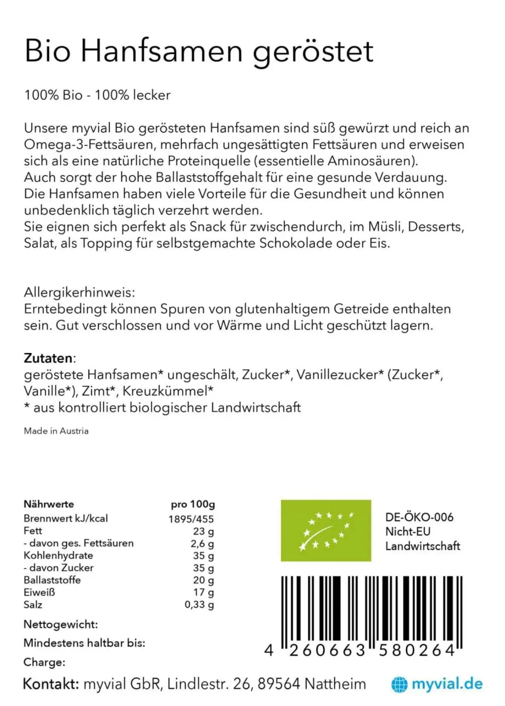 Bio Geröstete Hanfsamen von myvial, ungeschält, vegan, 125 Gramm, nährstoffreiche Nahrungsergänzung in einer offenen Packung