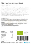 Die rückseite der bio geröstete hanfsamen 125 gramm verpackung zeigt nährwertangaben und essentielle aminosäuren