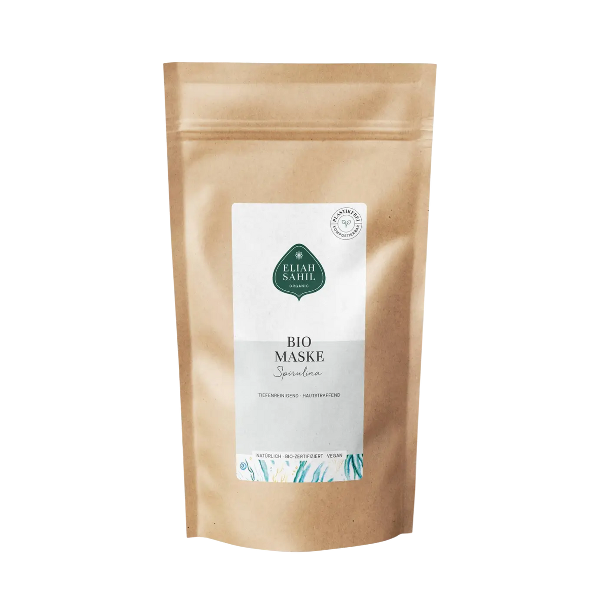 Eliah Sahil Bio Gesichtsmaske Spirulina Refill 250g, natürliche Tiefenpflege für reine und strahlende Haut, offene Verpackung.