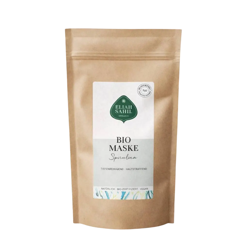 Bio Gesichtsmaske Spirulina Refill, 250g von Eliah Sahil, natürliche Tiefenpflege für reine, strahlende Haut, Verpackung und Maske