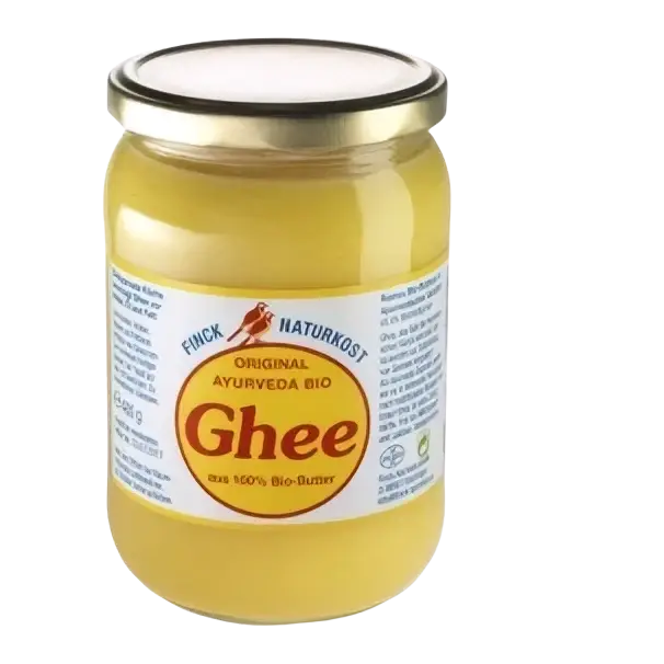 Bio Ghee in einem goldfarbenen Glas, 150g, von Cosmoveda, cremig und goldgelb, ideal zum Kochen und Verfeinern von Gerichten.