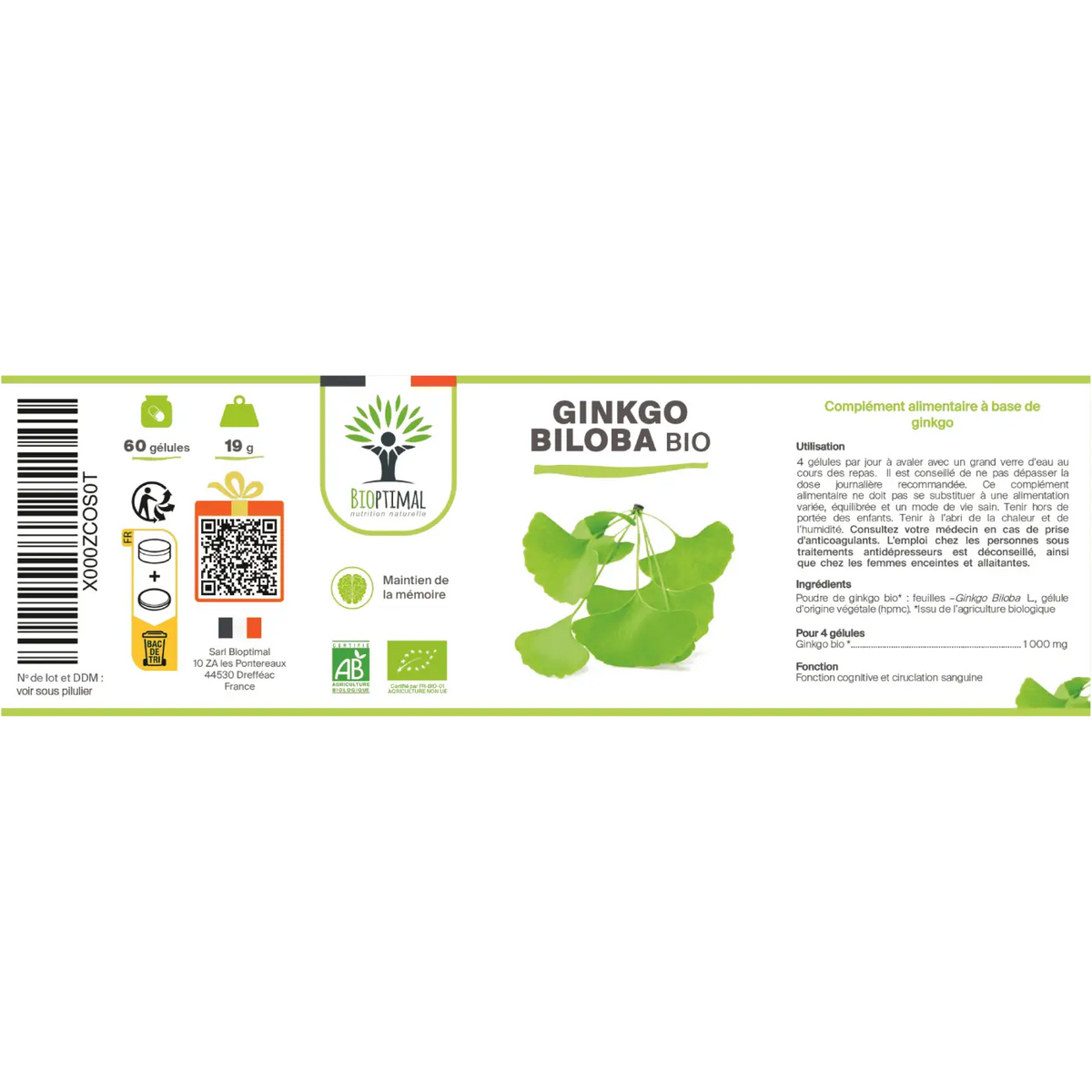 Bio-Ginkgo Biloba Nahrungsergänzungsmittel von Bioptimal, 60 Kapseln für Gedächtnis und Durchblutung, natürliche Unterstützung