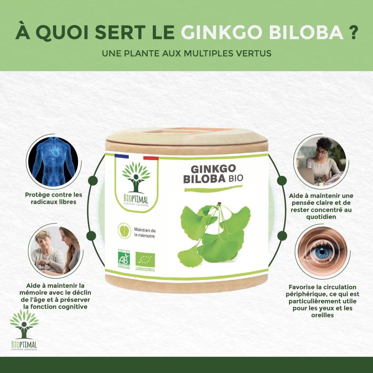 Bioptimal Bio Ginkgo Biloba Nahrungsergänzung, 60 & 200 Kapseln, fördert Gedächtnis und Durchblutung, natürliche Pflanzenextrakte