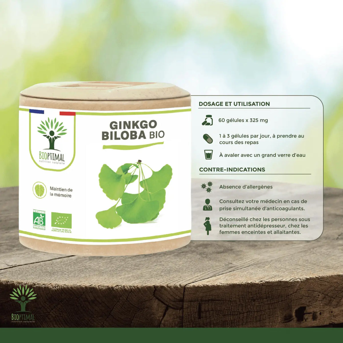 Bio-Ginkgo Biloba Nahrungsergänzungsmittel von Bioptimal, 60 Kapseln, fördert Gedächtnis und Durchblutung.