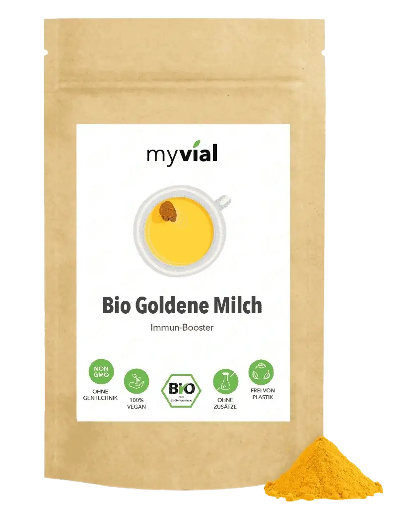 Bio Goldene Milch Latte von myvial in 100g Packung mit 7 ayurvedischen Zutaten, zeigt die Verpackung und Zutaten.