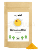 Braune papiertüte mit bio goldene milch latte pulver 100g von myvial mit 7 ayurvedischen zutaten für digestion und mana shop
