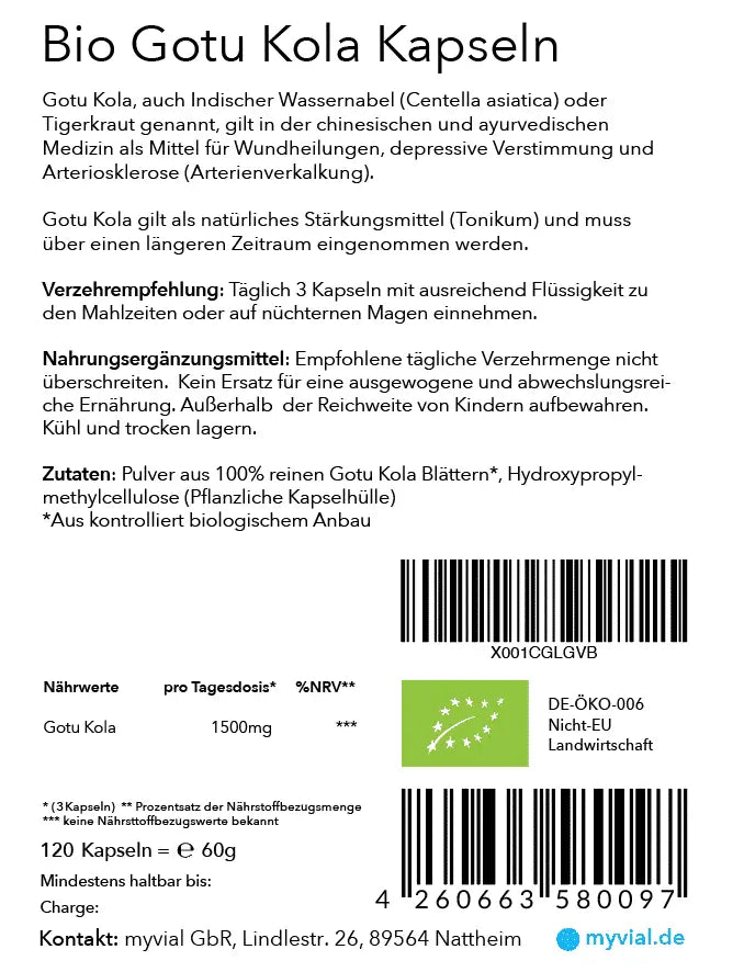 Bio Gotu Kola Kapseln von myvial, 120 Kapseln, für Haut, Gehirn und Durchblutung, Nahrungsergänzung in Kapseln