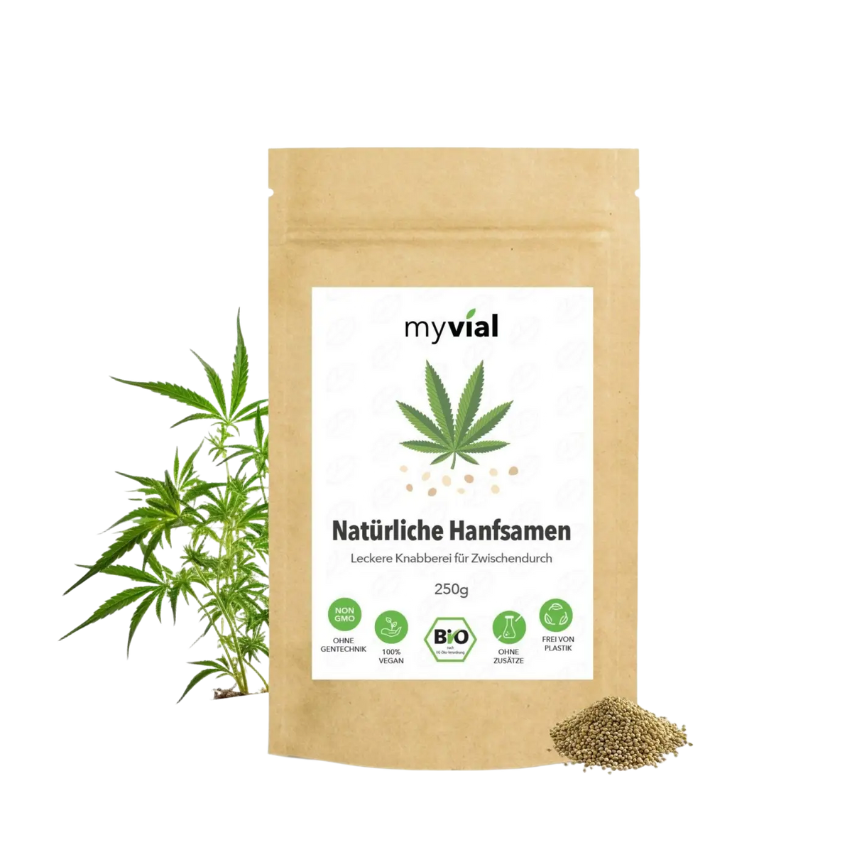 Bio hanfsamen ungeschält 250g im braunen wiederverschließbaren myvial beutel mit grünem cannabisblatt für mana shop