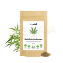 Bio hanfsamen ungeschält 250g im braunen wiederverschließbaren myvial beutel mit grünem cannabisblatt für mana shop
