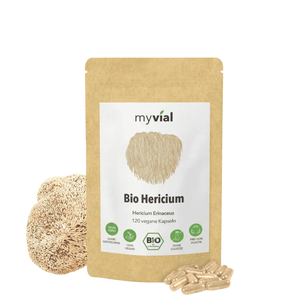 Bio Hericium Nahrungsergänzung in brauner Kraftpapierverpackung, 120 Kapseln, von myvial, natürliche Pilz-Kapseln