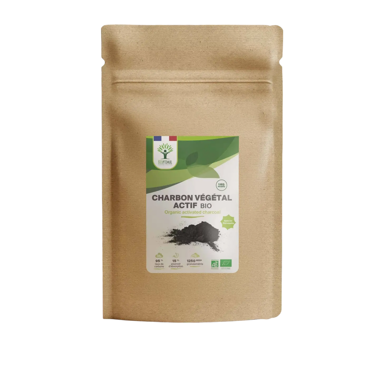 Bio-Holzkohle Aktivkohle Pulver von Bioptimal, 100 % natürliche Pflanzenkohle, für Verdauung und Küche, 50 g.