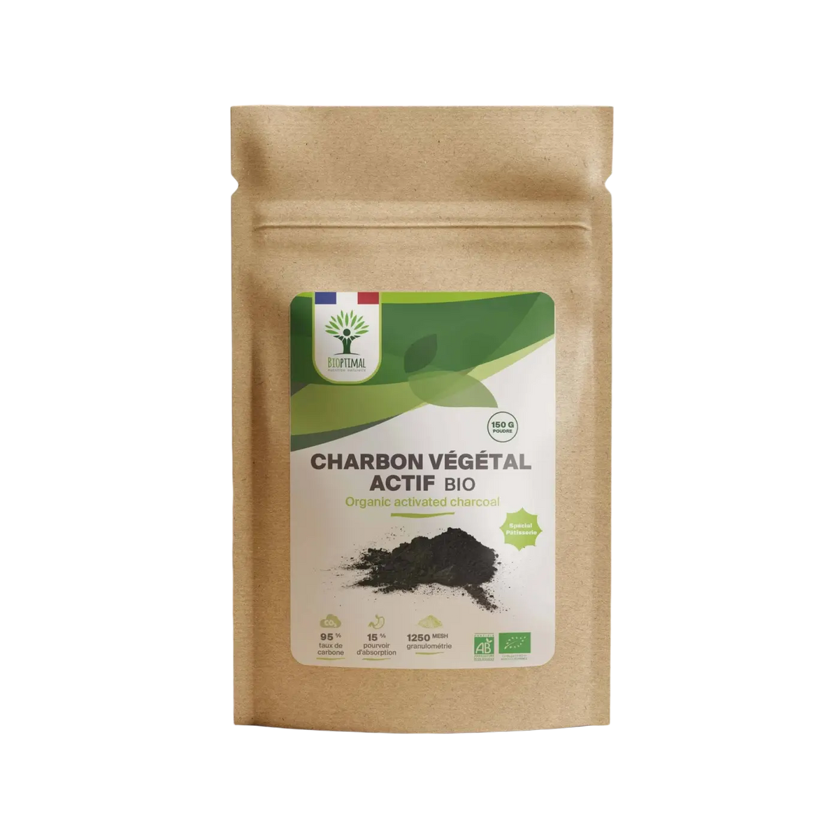Bio-Holzkohle Aktivkohle Pulver von Bioptimal, 100 % natürliche Pflanzenkohle, für Küche und Verdauung, 50 g.