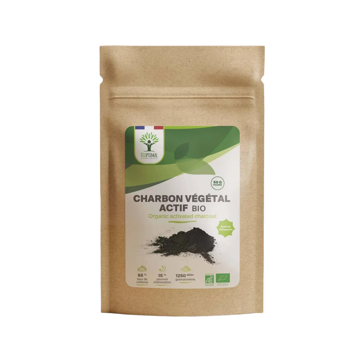 Bio-Holzkohle Aktivkohle Pulver von Bioptimal, 100 % natürliche Pflanzenkohle für Verdauung und Küche, 50 g.
