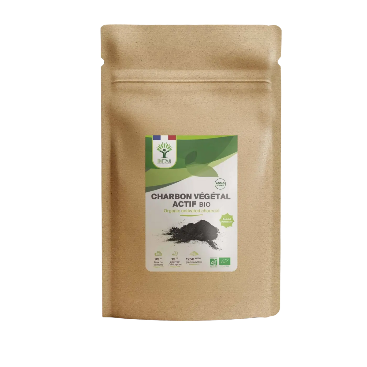 Bio-Holzkohle Aktivkohle Pulver von Bioptimal, 50 g, natürliches Pflanzenkohle-Nahrungsergänzungsmittel für Küche und Verdauung.
