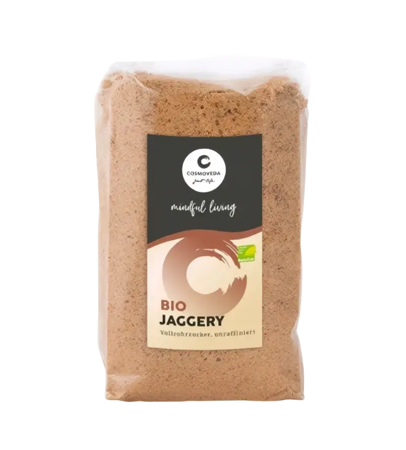 Bio Jaggery Vollrohrzucker von Cosmoveda, braunes, körniges Lebensmittel in 400g Packung.