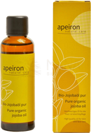 Apeiron natural care bio-jojobaöl pur 75 ml in bernsteinfarbener glasflasche mit schwarzem deckel und gelbem label organic jojoba tea
