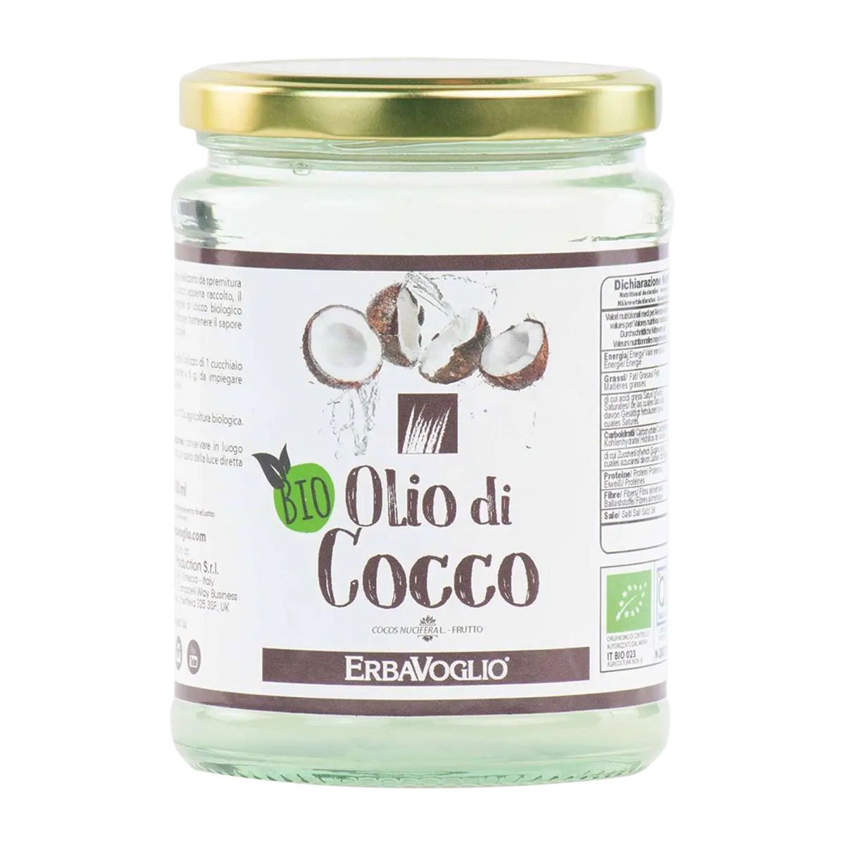 Bio-Kokosöl von Erbavoglio in Glasdose, ideal zum Kochen, für Haut, Haare und Stoffwechsel, 500 g, natürliche Öle & Fette