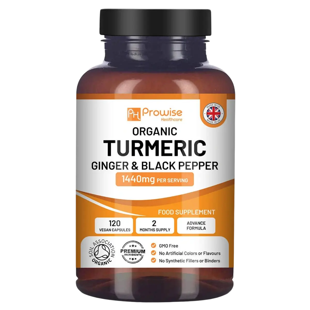 Bio-Kurkuma 1440 mg mit schwarzem Pfeffer und Ingwer, vegane Nahrungsergänzungskapseln von Prowise Healthcare