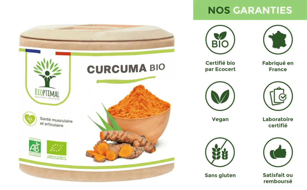 Bio-Kurkuma Nahrungsergänzung in Kapseln, fördert Gelenkgesundheit und Abnehmen, von Bioptimal.