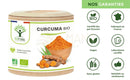 Zylindrischer container bio kurkuma kapseln mit natürlichem holzdeckel und grüner etikette für gelenkgesundheit und verdauungskomfort