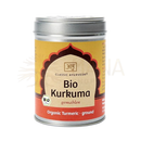 Ein zylindrischer metallbehälter mit gelb-orange etikett classic ayurveda bio kurkuma gemahlen 80g bei mana shop