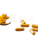 Golden yellow bio kurkuma kapseln mit organic black pepper neben frischer wurzel und pulver auf rustikalem holz