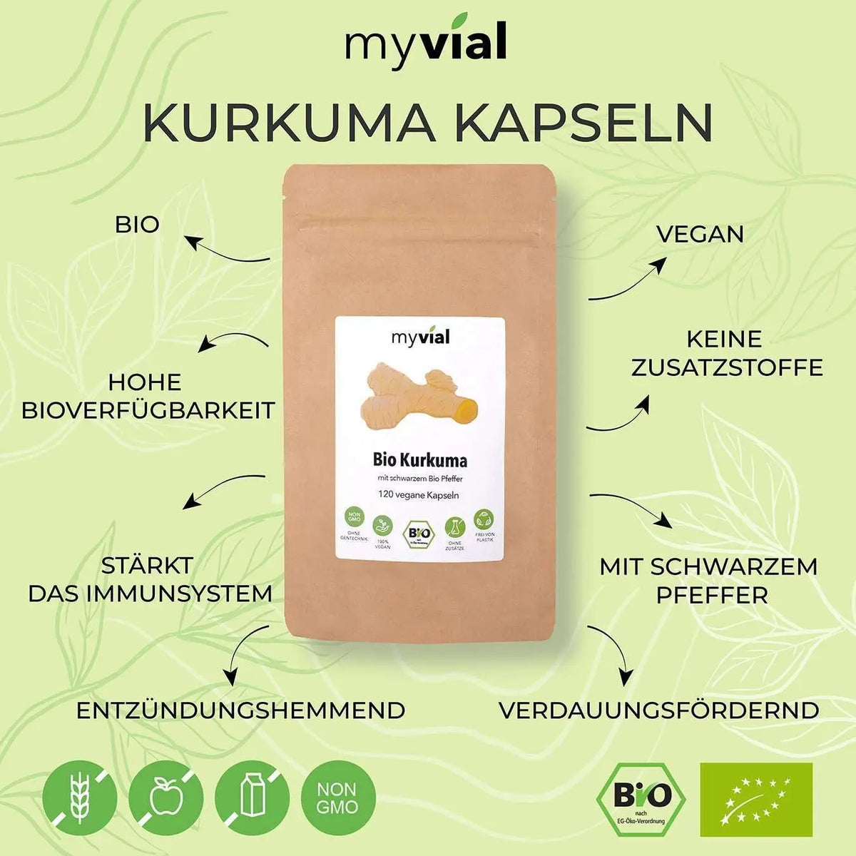 Vegan Bio-Kurkuma-Kapseln mit Pfeffer, 120 Stück, Nahrungsergänzung, in einer offenen Packung mit Kapseln.