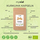 Myvial bio kurkuma kapseln in brauner pouch mit weißem etikett und kurkuma wurzel illustration sowie bio schwarzer pfeffer