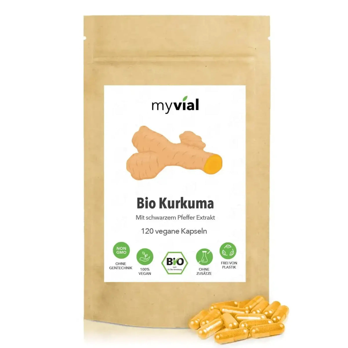 Vegan Bio Kurkuma-Kapseln mit Pfeffer, Nahrungsergänzung, 120 Stück, von myvial, in einer Verpackung.