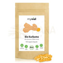 Myvial bio kurkuma kapseln in braunem pouch mit 120 veganen kapseln und organischem schwarzem pfeffer