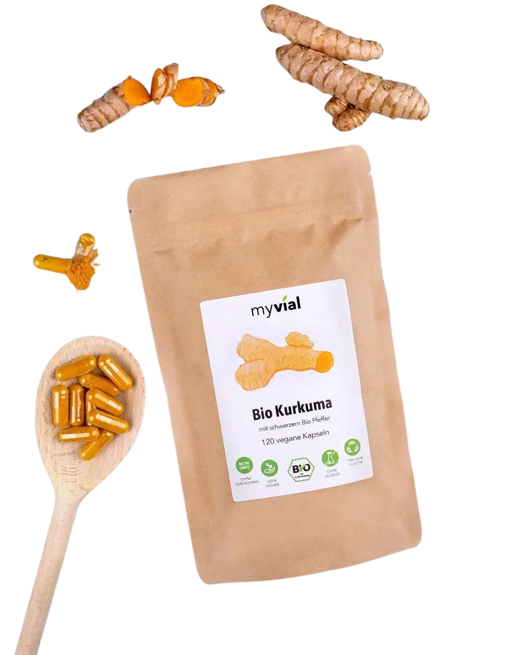 Bio Kurkuma Kapseln mit Pfeffer, vegan, 120 Stück, Nahrungsergänzung, zeigt die Kapseln in einer offenen Packung.