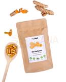 Braune papiertüte myvial bio kurkuma kapseln 120 stück vegan mit weißem etikett und kurkuma wurzel illustration organic turmeric capsules mit bio schwarzem pfeffer