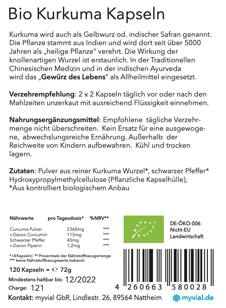Vegan Bio Kurkuma Kapseln mit Pfeffer, 120 Stück, Nahrungsergänzung, in einer offenen Packung mit Kapseln