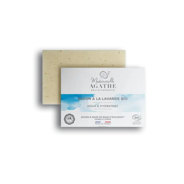 Bio-Lavendelseife von Mademoiselle Agathe, weiche und feuchtigkeitsspendende Seife in blassgelber Farbe, ideal für sanfte Hautpflege